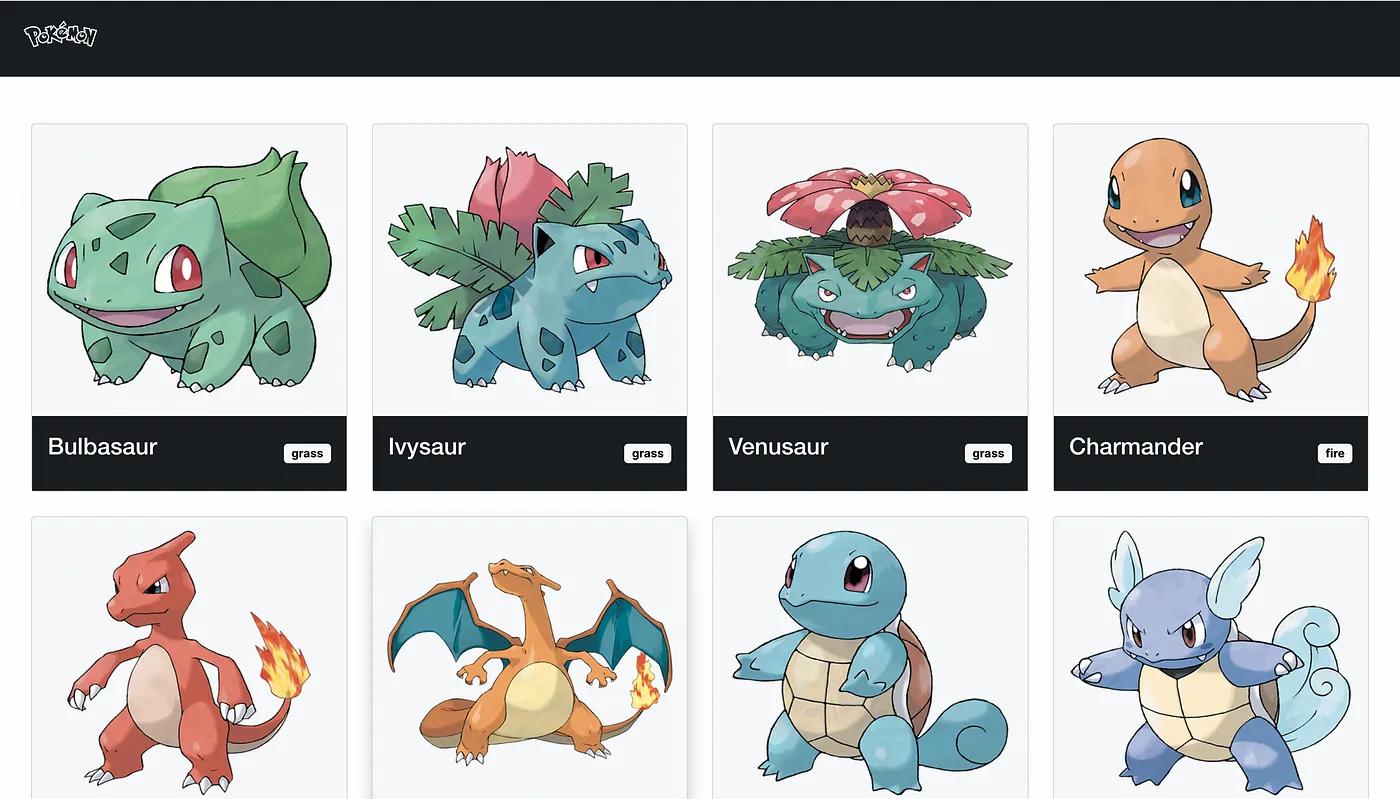 Screenshot from the sample pokémon app with 12 cards each showing the name, image and ability of the pokémon